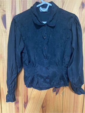 Monsoon vintage Black Embroidered Button-Up Blouse with embroidery front